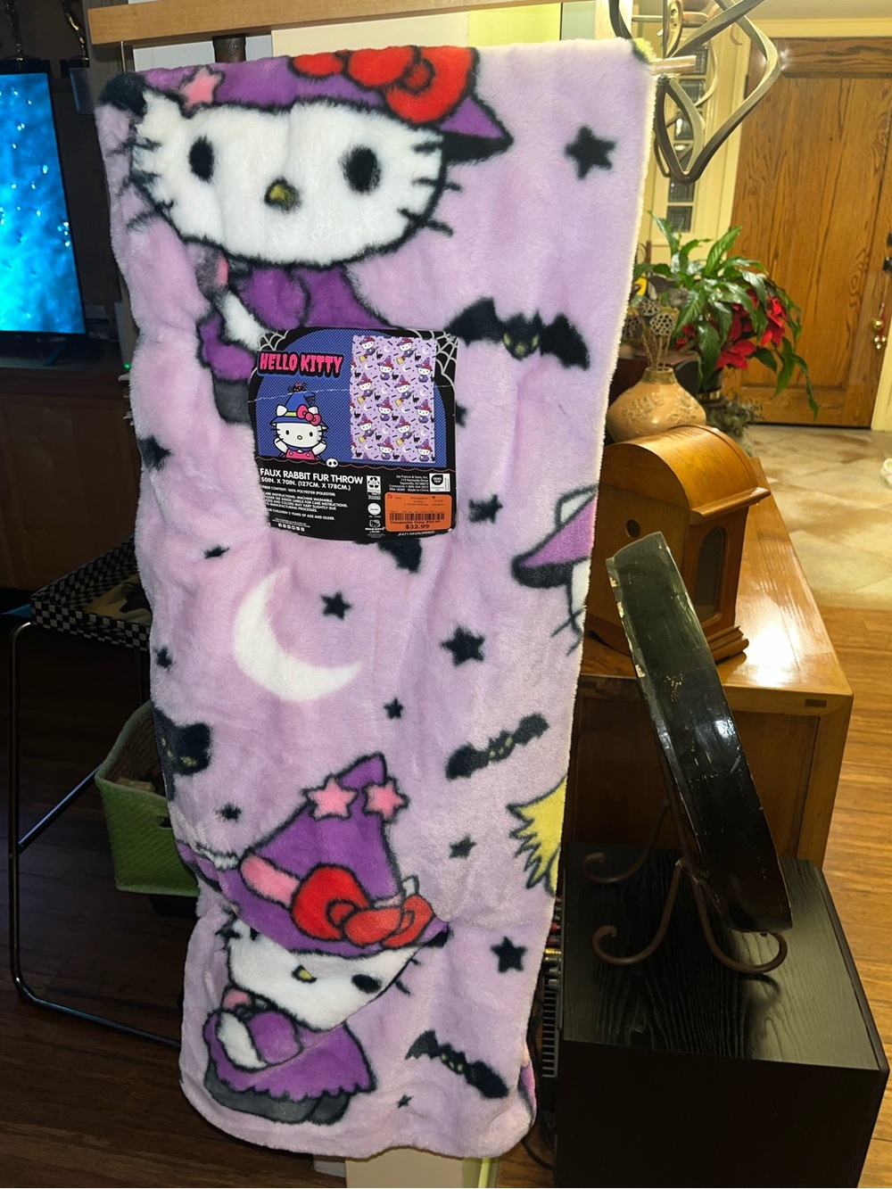 Sanrio Hello Kitty Purple Lavender Witch Halloween Faux Rabbit Fur Throw Blanket